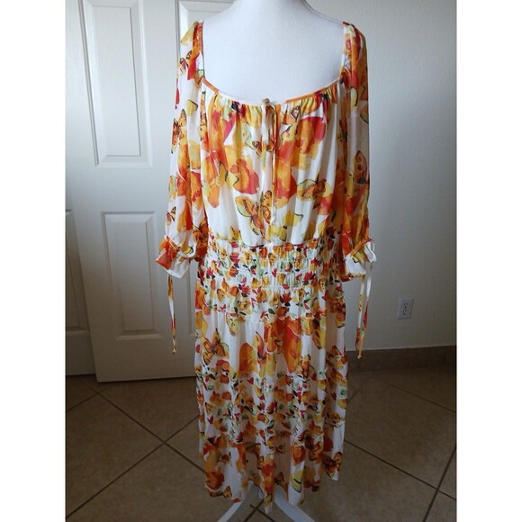 Figueroa & Flower Womens Ivory Orange Print Smocked Midi Dress Fairy Boho 2X - Picture 2 of 15